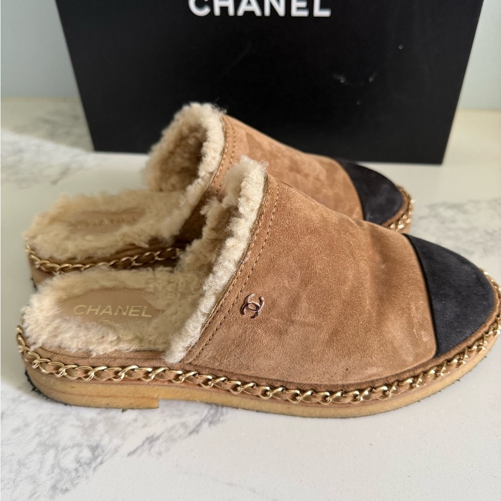 Chanel 2018 Interlocking CC Logo Sherling Mules Women's 36.5 6.5 Brown Black - Picture 8 of 16